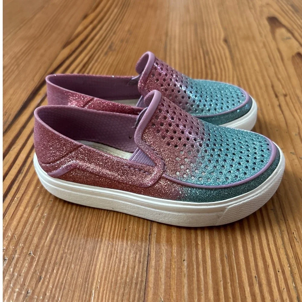 Crocs LiteRide Pacer Kids Pink Teal Glitter Ombre Slip On Sneaker SIZE 8